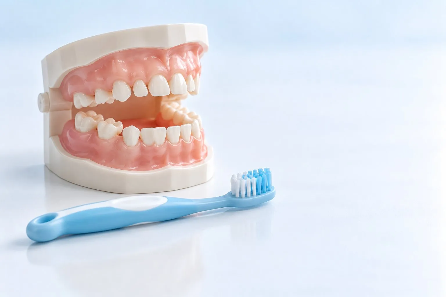 A dental model and a soft-bristled children’s toothbrush