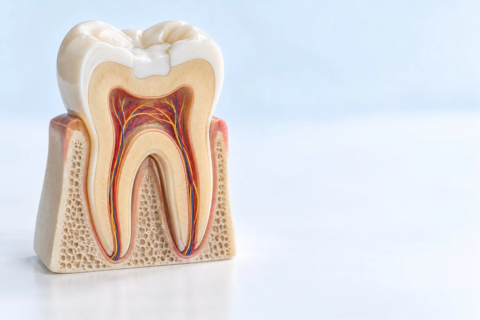 Azı dişinin kesit modeli: mine, dentin, kanallar ve diş renginde dolgu