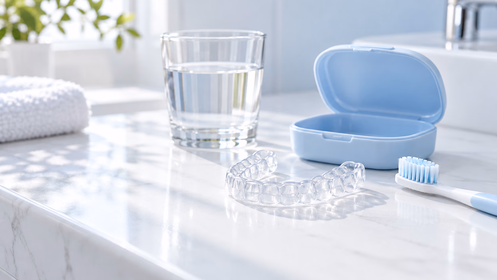 Banyo tezgâhında şeffaf gece plağı, yumuşak diş fırçası, bir bardak su ve açık saklama kutusu