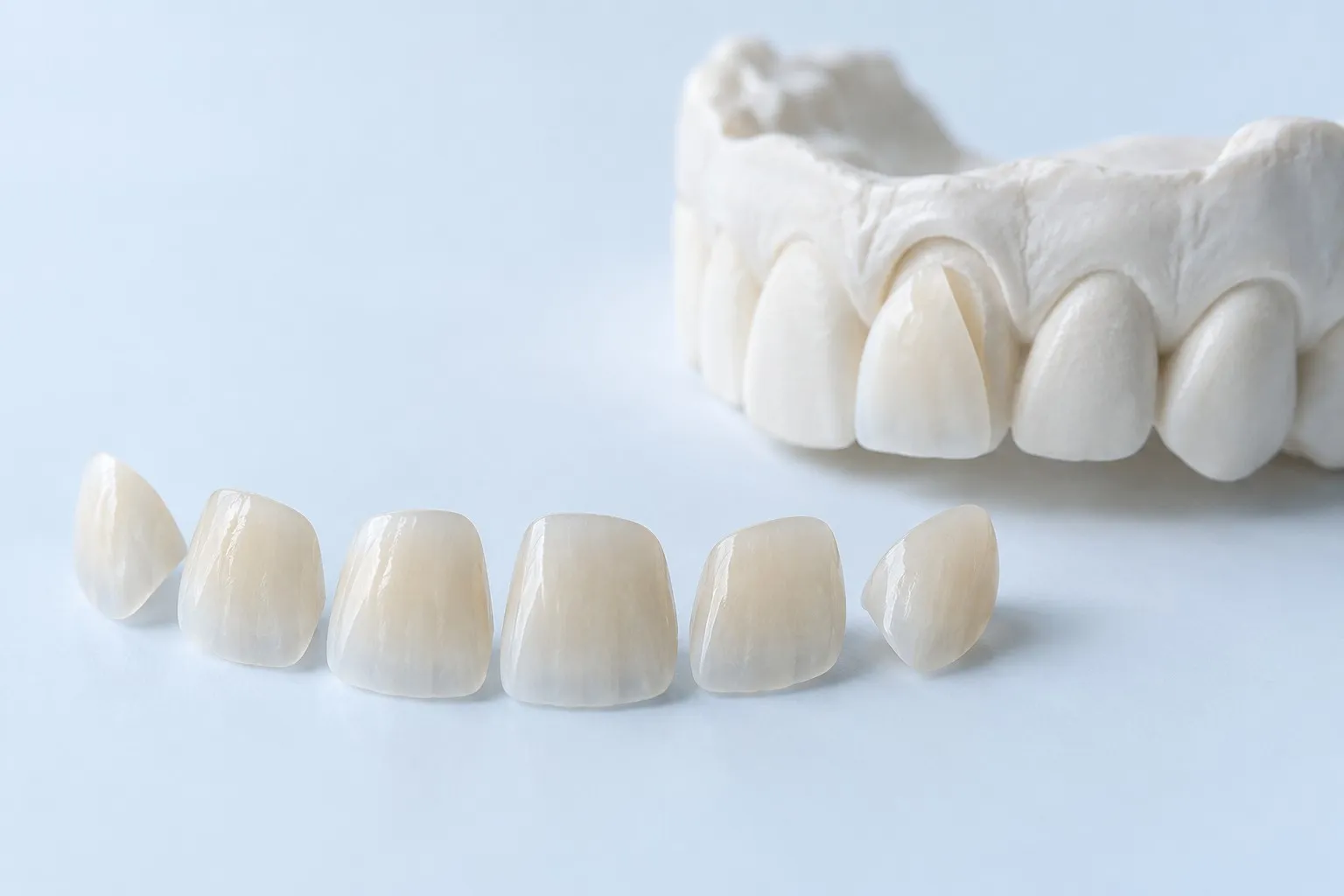 A model of the upper front teeth with thin ceramic veneers lined up in front of it