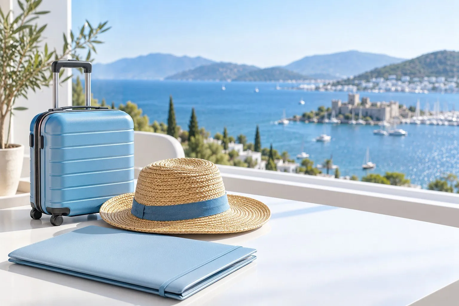 A light blue suitcase, a straw hat and a folder on a table overlooking a bay in Bodrum